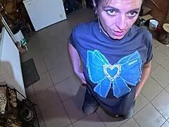 Tight jeans slut gags during facefuck.