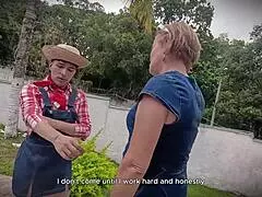 Perv grandma hires young 18+ gardener and ends up fucking him hard in the ass