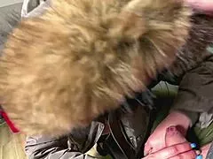 glossy fur hood downjacket deepthroat spit play riding and cum dripping on my coat- preview