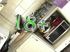 Homemade striptease in kitchen shows sexy blonde mature milf with big natural tits