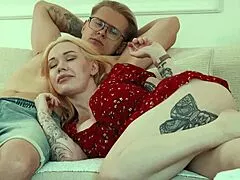 Step mom with huge tits gets face fucked by stepson on the couch then takes a deep creampie in spoon and doggy style
