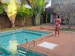 she got naughty with the ranch worker and they fucked her ass and pussy by the pool ending with cum inside