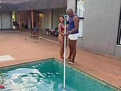 she got naughty with the ranch worker and they fucked her ass and pussy by the pool ending with cum inside