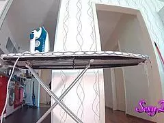 horny milf housewife teases big juicy ass in super tight white shorts while ironing