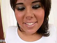 busty brunette girl fucked on the table by hard cock and cum in mouth
