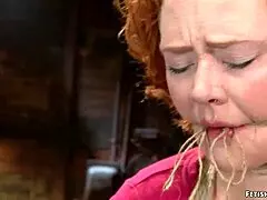 Ginger milf fingered hard in tight hogtie